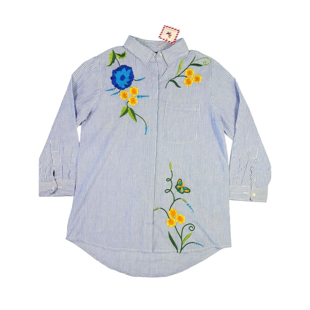 NWT Liza Byrd Women Small 3/4 Sleeve Stripe Blue White Embroidered Butterfly Top
